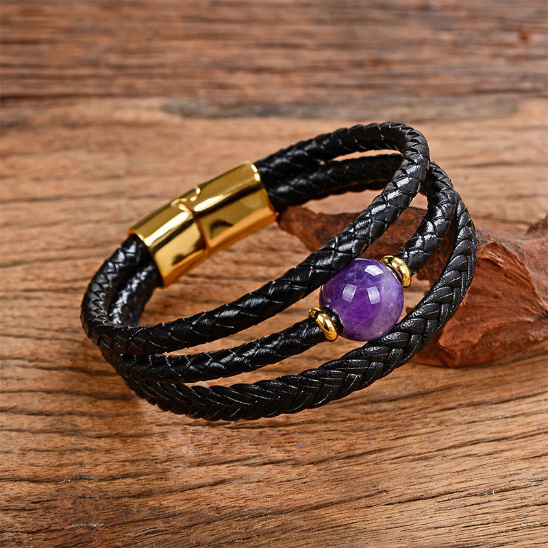 Wear FengShui Multicolored Bead Green Tiger Eye Amethyst Craved Six True Words Leather Balance Bracelet