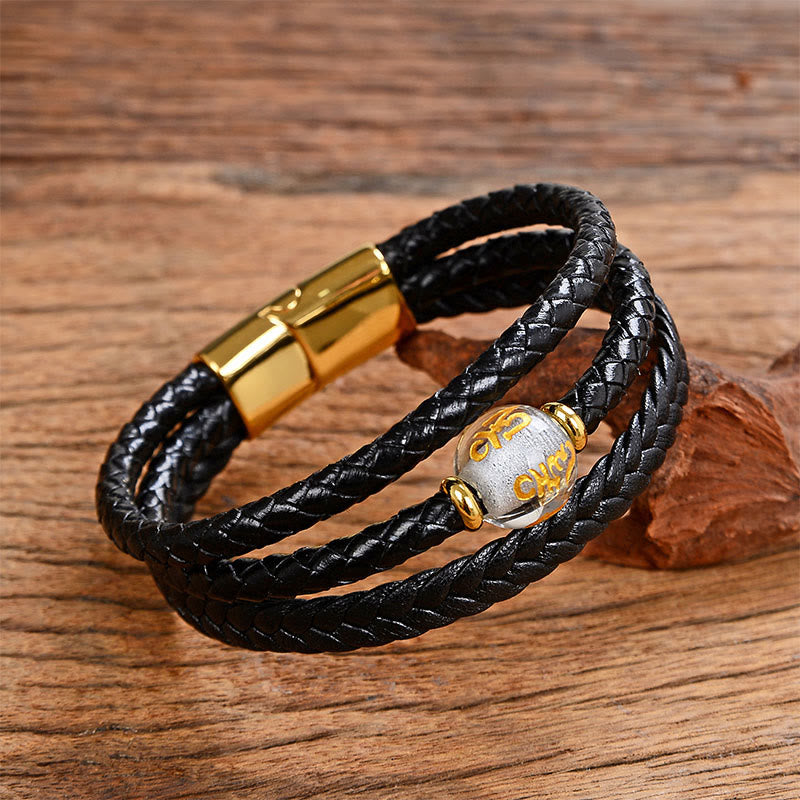 Wear FengShui Multicolored Bead Green Tiger Eye Amethyst Craved Six True Words Leather Balance Bracelet