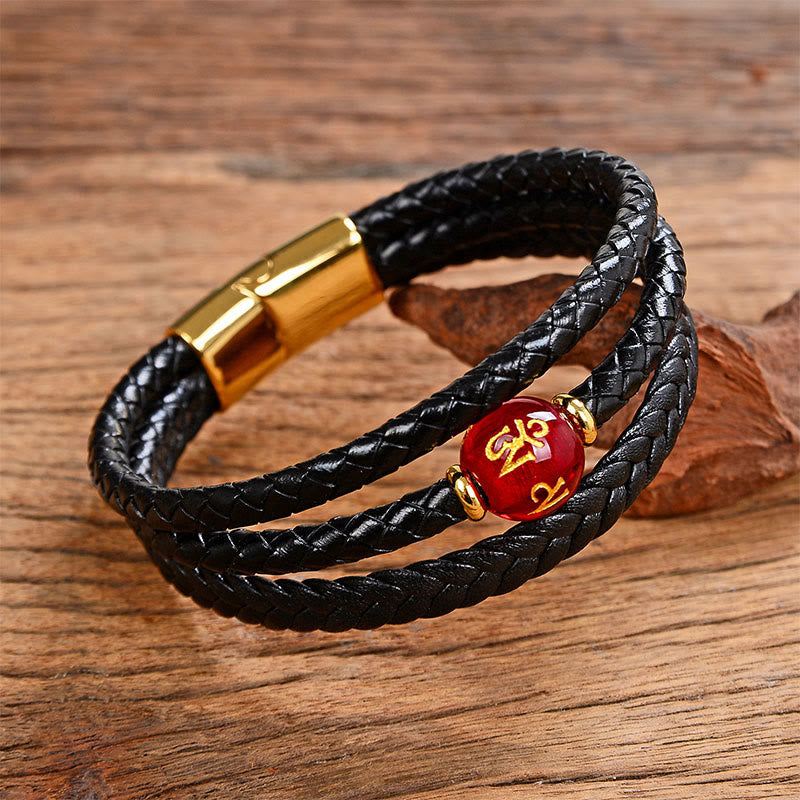 Wear FengShui Multicolored Bead Green Tiger Eye Amethyst Craved Six True Words Leather Balance Bracelet