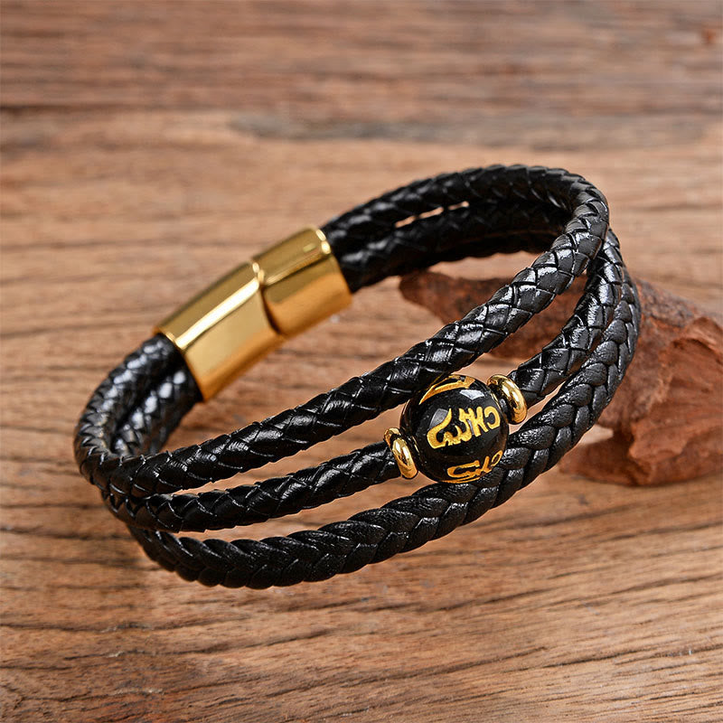 Wear FengShui Multicolored Bead Green Tiger Eye Amethyst Craved Six True Words Leather Balance Bracelet