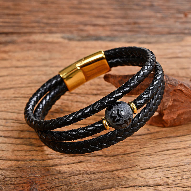 Wear FengShui Multicolored Bead Green Tiger Eye Amethyst Craved Six True Words Leather Balance Bracelet