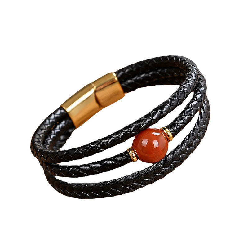 Wear FengShui Multicolored Bead Green Tiger Eye Amethyst Craved Six True Words Leather Balance Bracelet