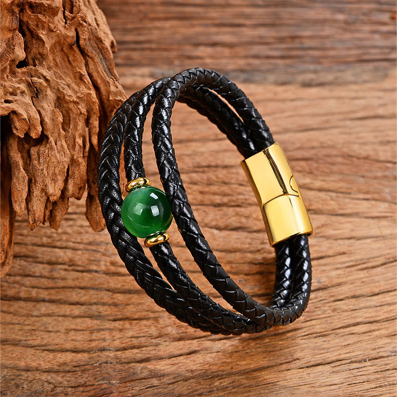 Wear FengShui Multicolored Bead Green Tiger Eye Amethyst Craved Six True Words Leather Balance Bracelet