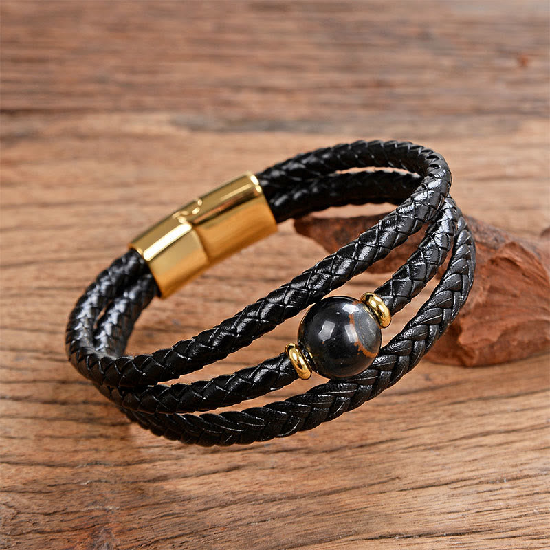 Wear FengShui Multicolored Bead Green Tiger Eye Amethyst Craved Six True Words Leather Balance Bracelet