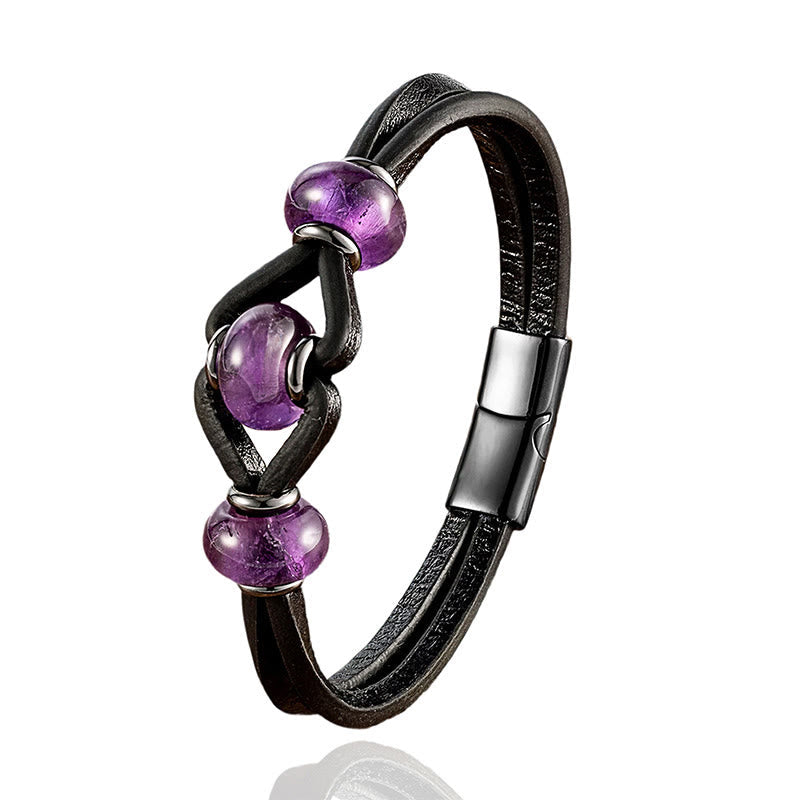 Wear FengShui Amethyst Crystal Stone Double Leather Relieves Stress Round Bracelet