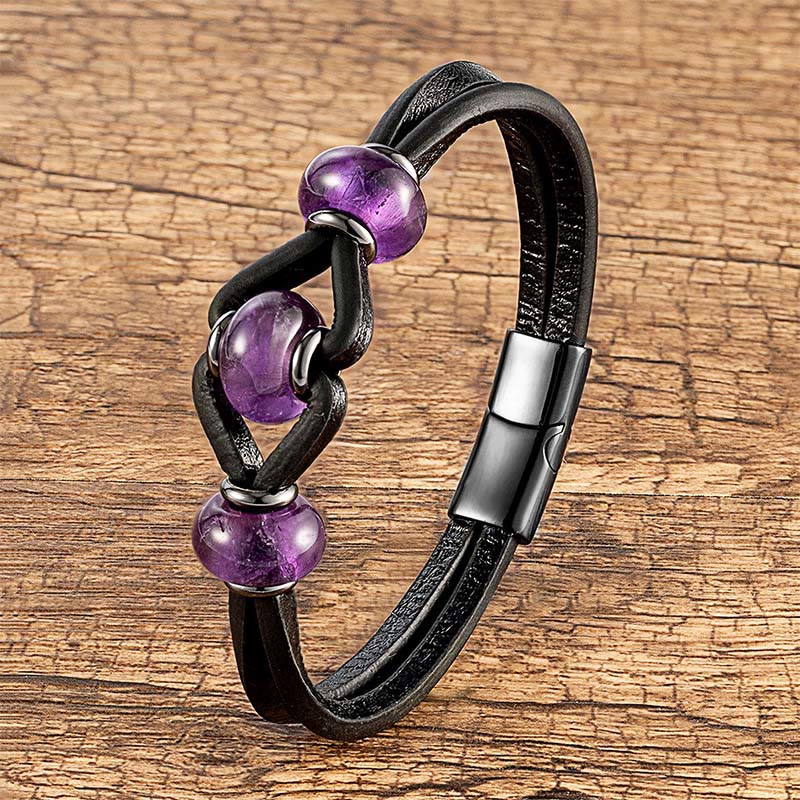 Wear FengShui Amethyst Crystal Stone Double Leather Relieves Stress Round Bracelet