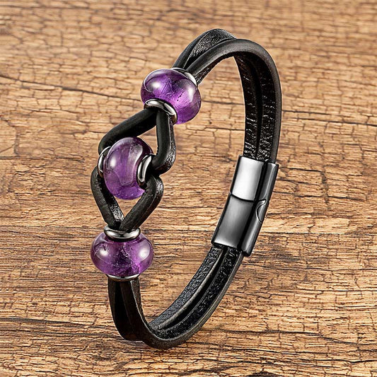 Wear FengShui Amethyst Crystal Stone Double Leather Relieves Stress Round Bracelet