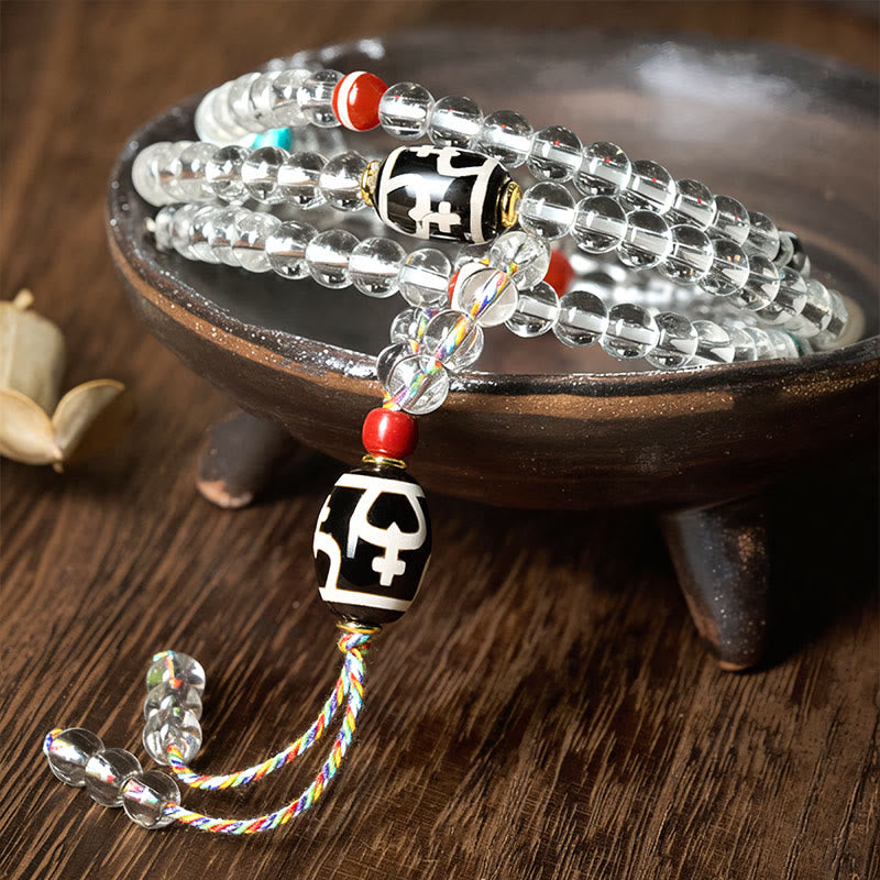 Wear FengShui 108 Beads Liuli Crystal Dzi Bead Agate Blessings Tassel Mala