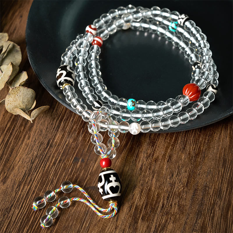 Wear FengShui 108 Beads Liuli Crystal Dzi Bead Agate Blessings Tassel Mala