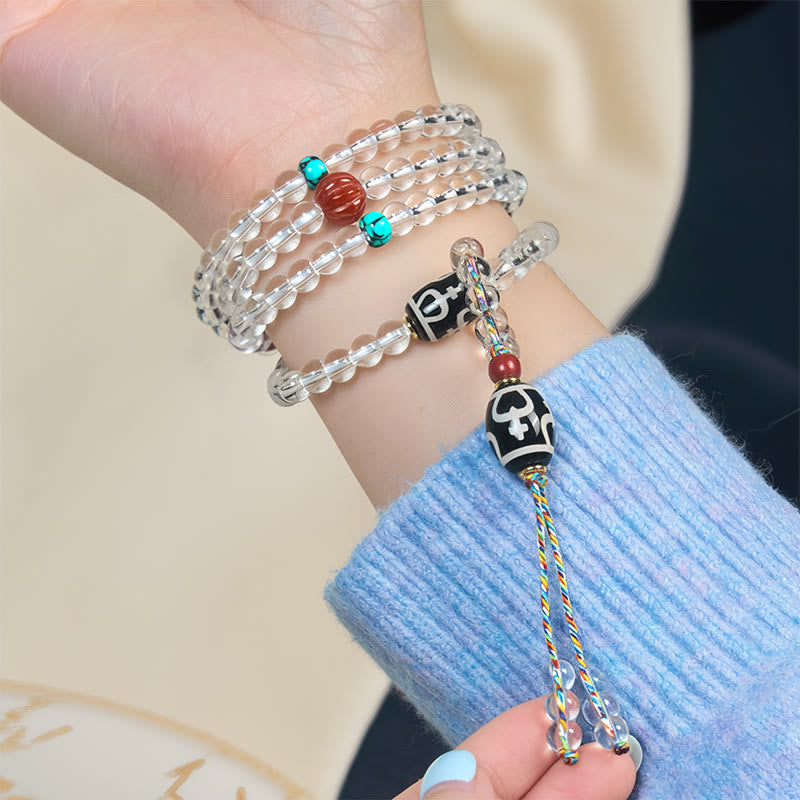 Wear FengShui 108 Beads Liuli Crystal Dzi Bead Agate Blessings Tassel Mala