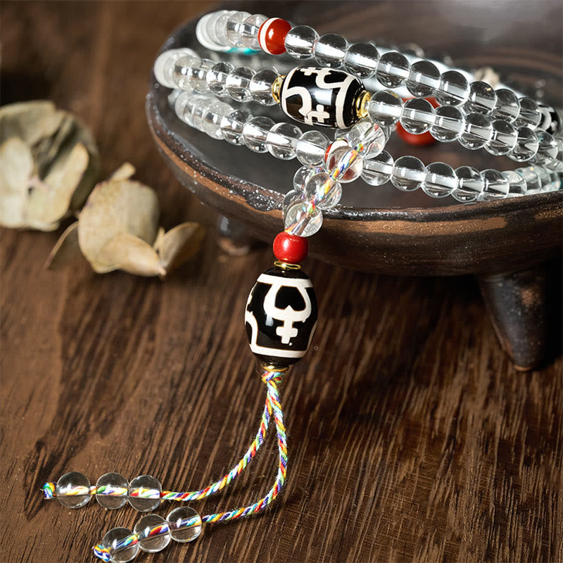 Wear FengShui 108 Beads Liuli Crystal Dzi Bead Agate Blessings Tassel Mala