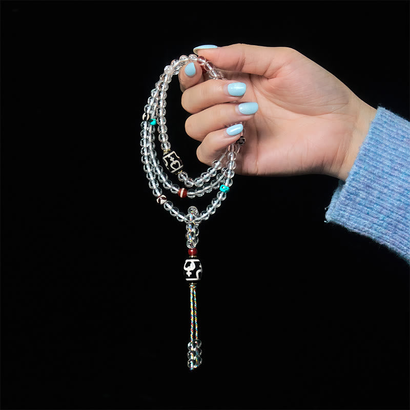 Wear FengShui 108 Beads Liuli Crystal Dzi Bead Agate Blessings Tassel Mala