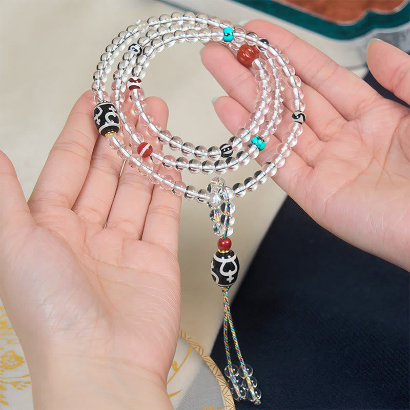 Wear FengShui 108 Beads Liuli Crystal Dzi Bead Agate Blessings Tassel Mala