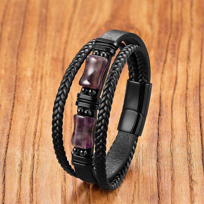 Wear FengShui Green Aventurine Amethyst Black Onyx Pink Crystal Positivity Braided Leather Bracelet