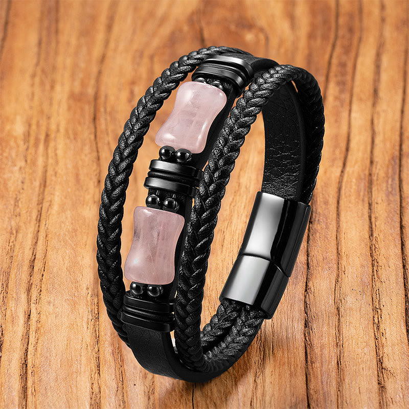 Wear FengShui Green Aventurine Amethyst Black Onyx Pink Crystal Positivity Braided Leather Bracelet
