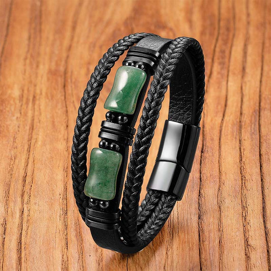 Wear FengShui Green Aventurine Amethyst Black Onyx Pink Crystal Positivity Braided Leather Bracelet