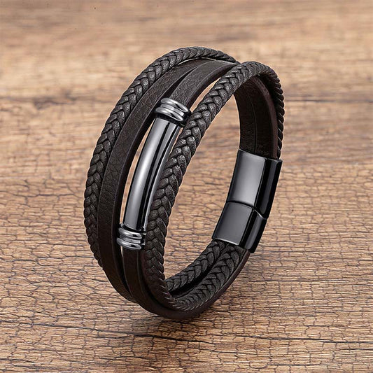 Wear FengShui Multi-layered Simple Design Leather Titanium Steel Balance Bracelet