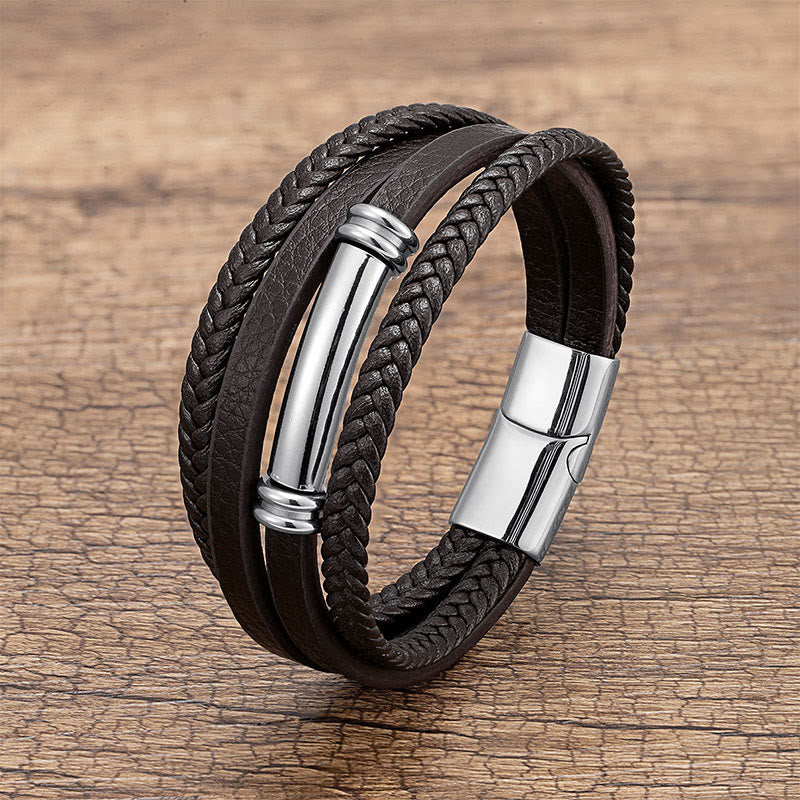 Wear FengShui Multi-layered Simple Design Leather Titanium Steel Balance Bracelet