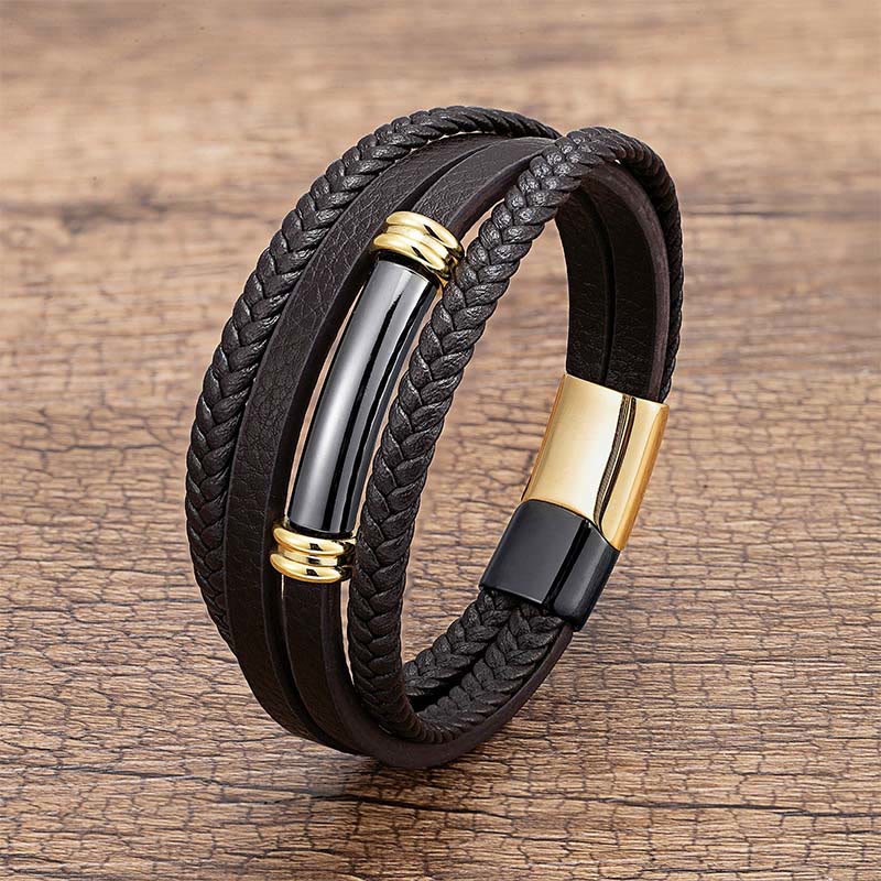 Wear FengShui Multi-layered Simple Design Leather Titanium Steel Balance Bracelet