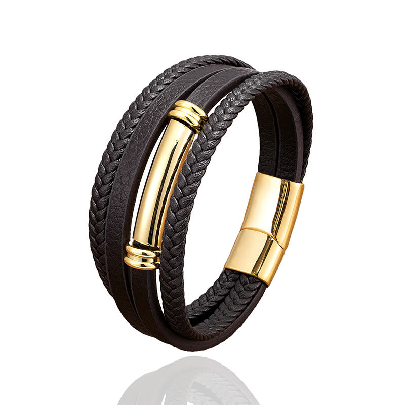 Wear FengShui Multi-layered Simple Design Leather Titanium Steel Balance Bracelet