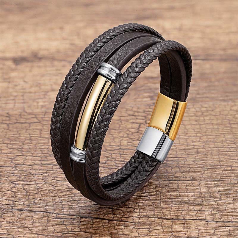 Wear FengShui Multi-layered Simple Design Leather Titanium Steel Balance Bracelet