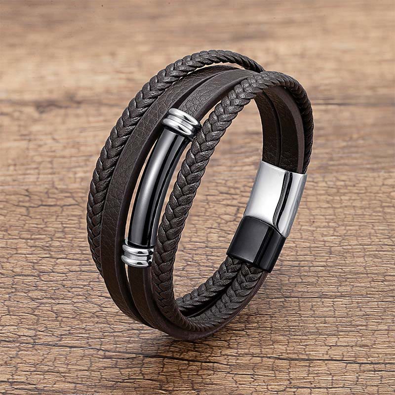 Wear FengShui Multi-layered Simple Design Leather Titanium Steel Balance Bracelet