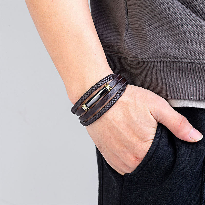 Wear FengShui Multi-layered Simple Design Leather Titanium Steel Balance Bracelet