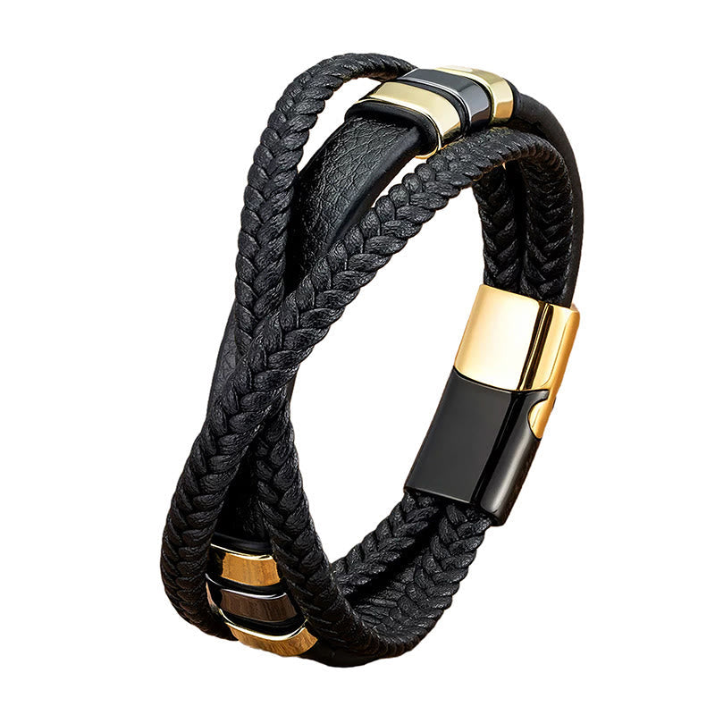 Wear FengShui Multi-layered Cross-woven Design Leather Titanium Steel Balance Bracelet