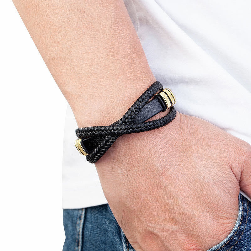 Wear FengShui Multi-layered Cross-woven Design Leather Titanium Steel Balance Bracelet