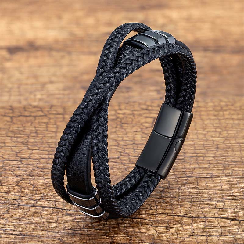 Wear FengShui Multi-layered Cross-woven Design Leather Titanium Steel Balance Bracelet