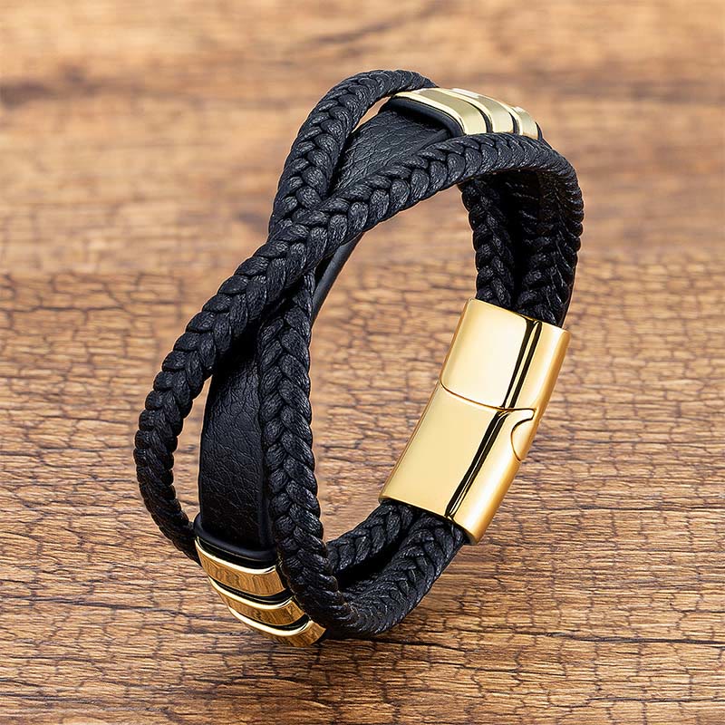 Wear FengShui Multi-layered Cross-woven Design Leather Titanium Steel Balance Bracelet