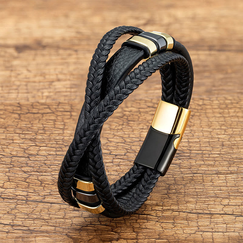 Wear FengShui Multi-layered Cross-woven Design Leather Titanium Steel Balance Bracelet