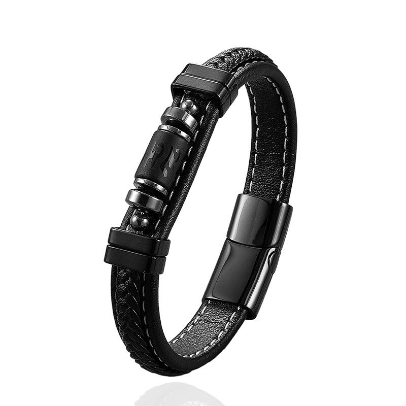 Wear FengShui Om Mani Padme Hum Dragon Symbol Black Onyx Leather Titanium Steel Balance Protection Bracelet