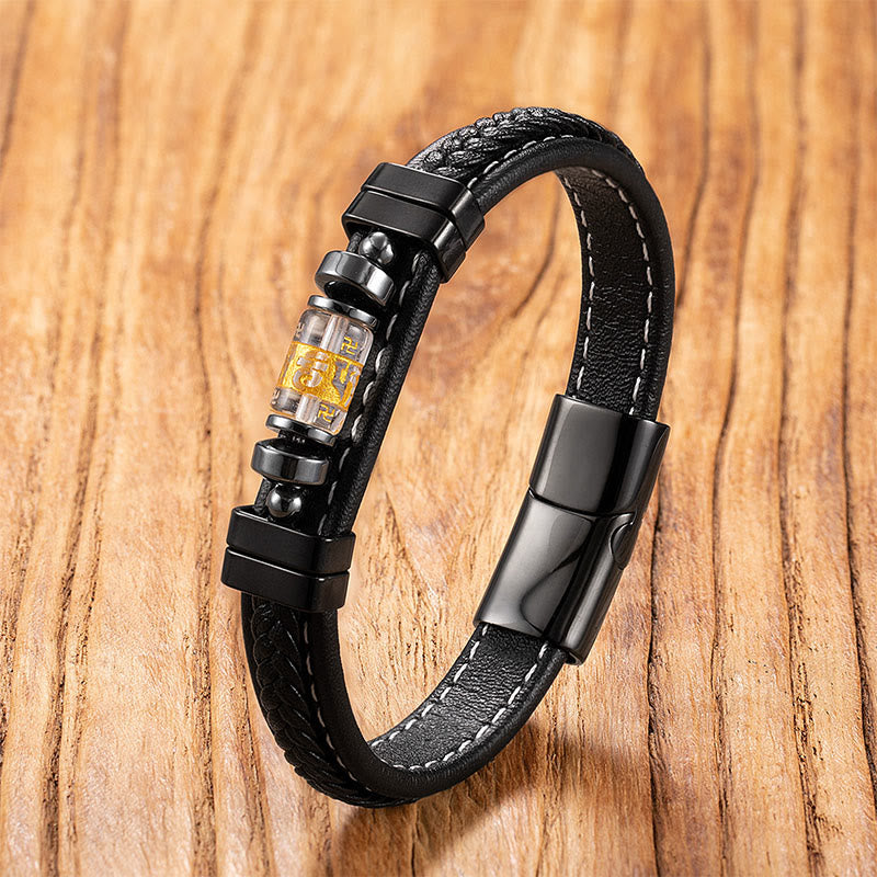 Wear FengShui Om Mani Padme Hum Dragon Symbol Black Onyx Leather Titanium Steel Balance Protection Bracelet