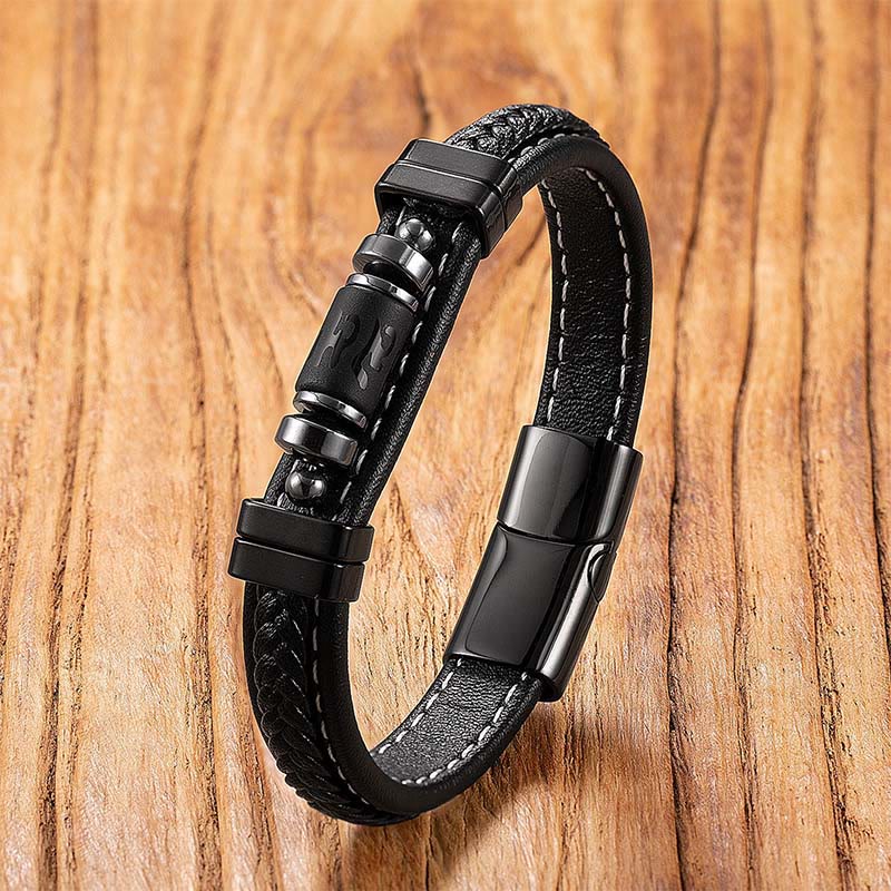 Wear FengShui Om Mani Padme Hum Dragon Symbol Black Onyx Leather Titanium Steel Balance Protection Bracelet