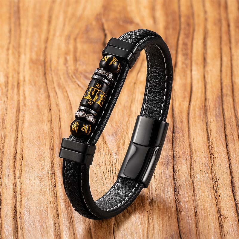 Wear FengShui Om Mani Padme Hum Dragon Symbol Black Onyx Leather Titanium Steel Balance Protection Bracelet