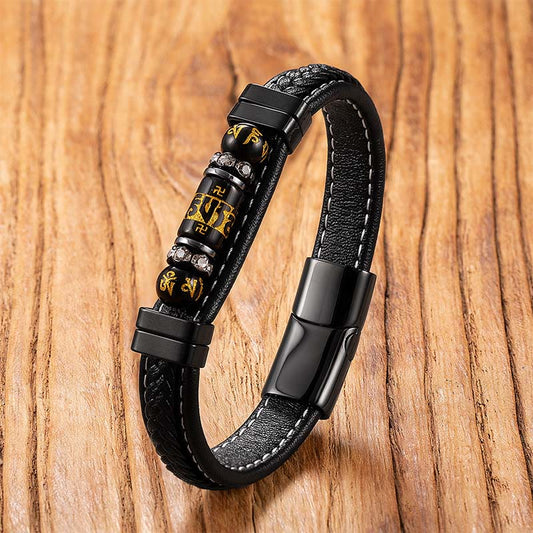 Wear FengShui Om Mani Padme Hum Dragon Symbol Black Onyx Leather Titanium Steel Balance Protection Bracelet