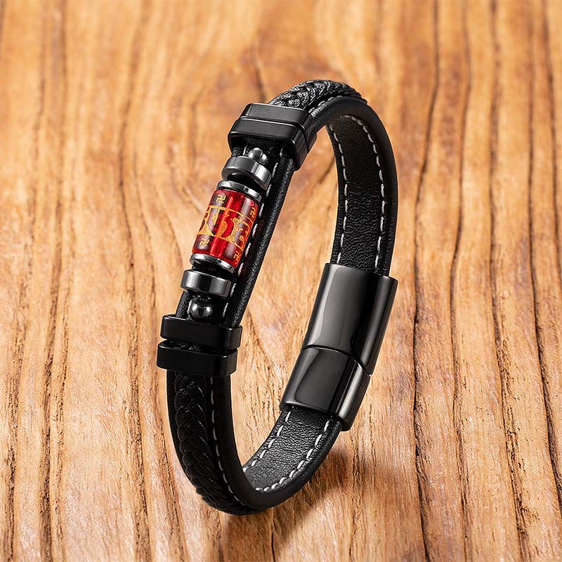 Wear FengShui Om Mani Padme Hum Dragon Symbol Black Onyx Leather Titanium Steel Balance Protection Bracelet