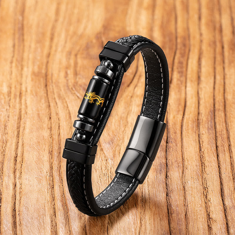 Wear FengShui Om Mani Padme Hum Dragon Symbol Black Onyx Leather Titanium Steel Balance Protection Bracelet