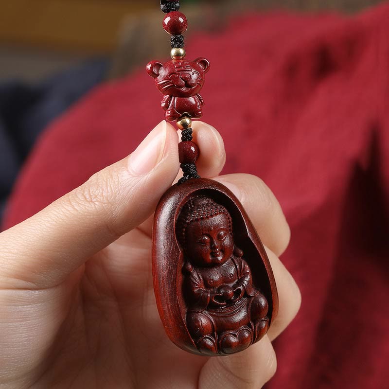 Wear FengShui Small Leaf Red Sandalwood Buddha Cinnabar Chinese Zodiac Amulet Protection Key Chain