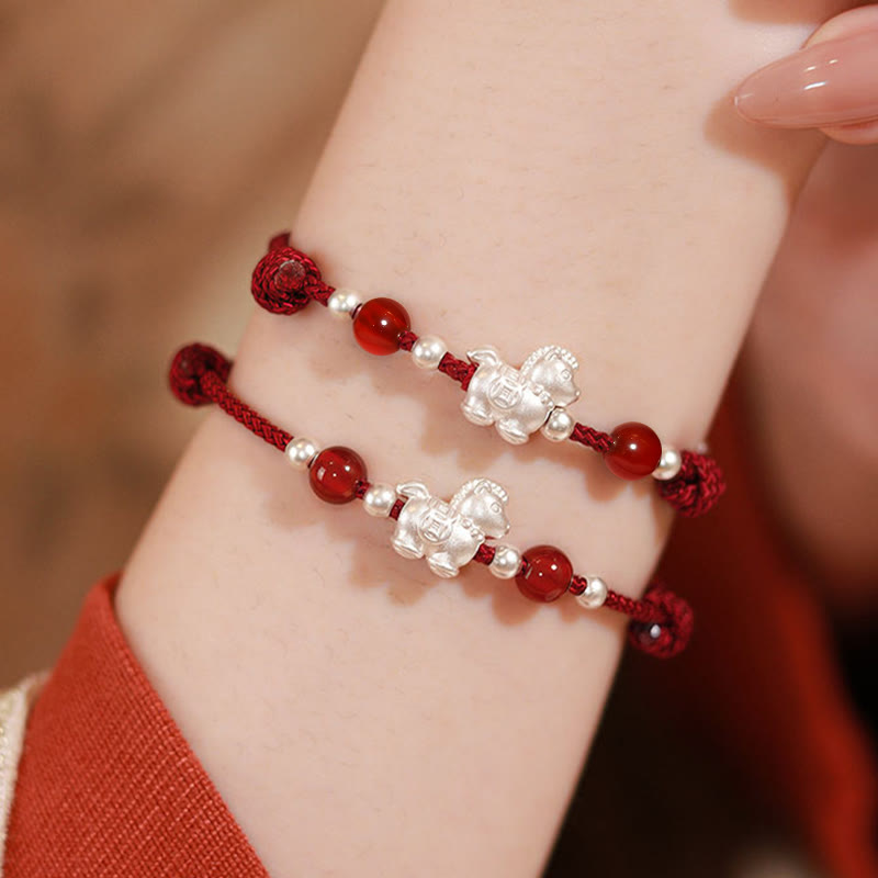 Wear FengShui 999 Sterling Silver Red Agate Year Of The Horse Prosperity String Bracelet