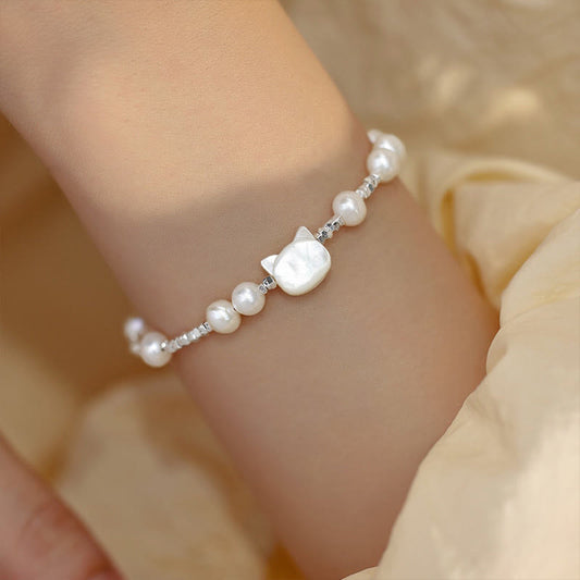 Wear FengShui Pearl Cat Head Tridacna Stone Silver Healing Bracelet