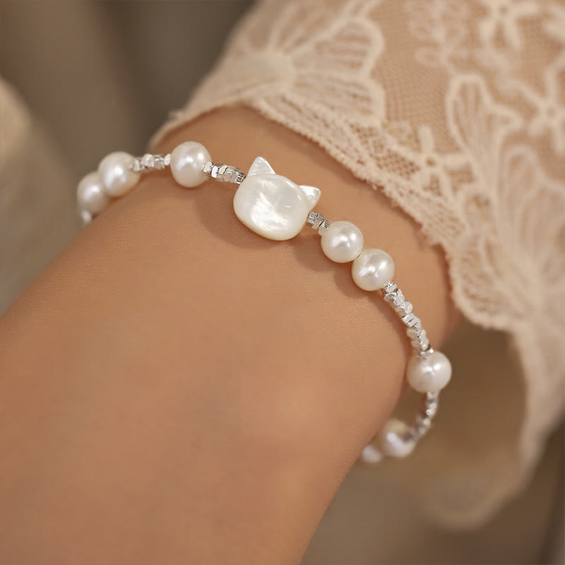 Wear FengShui Pearl Cat Head Tridacna Stone Silver Healing Bracelet