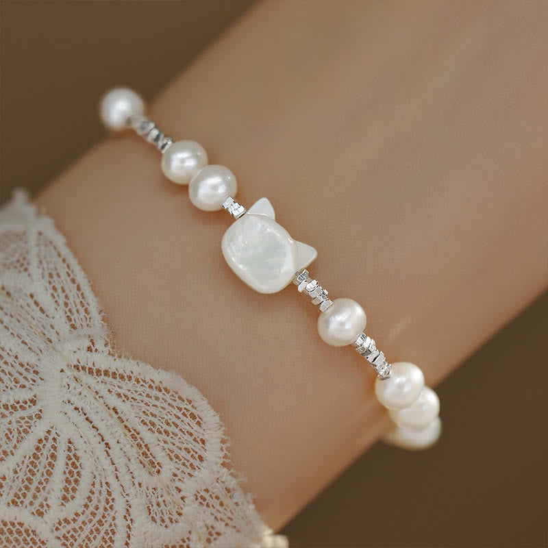 Wear FengShui Pearl Cat Head Tridacna Stone Silver Healing Bracelet