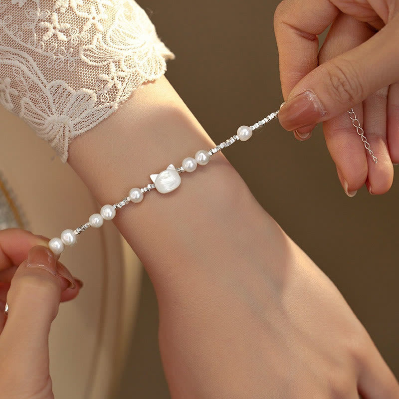 Wear FengShui Pearl Cat Head Tridacna Stone Silver Healing Bracelet