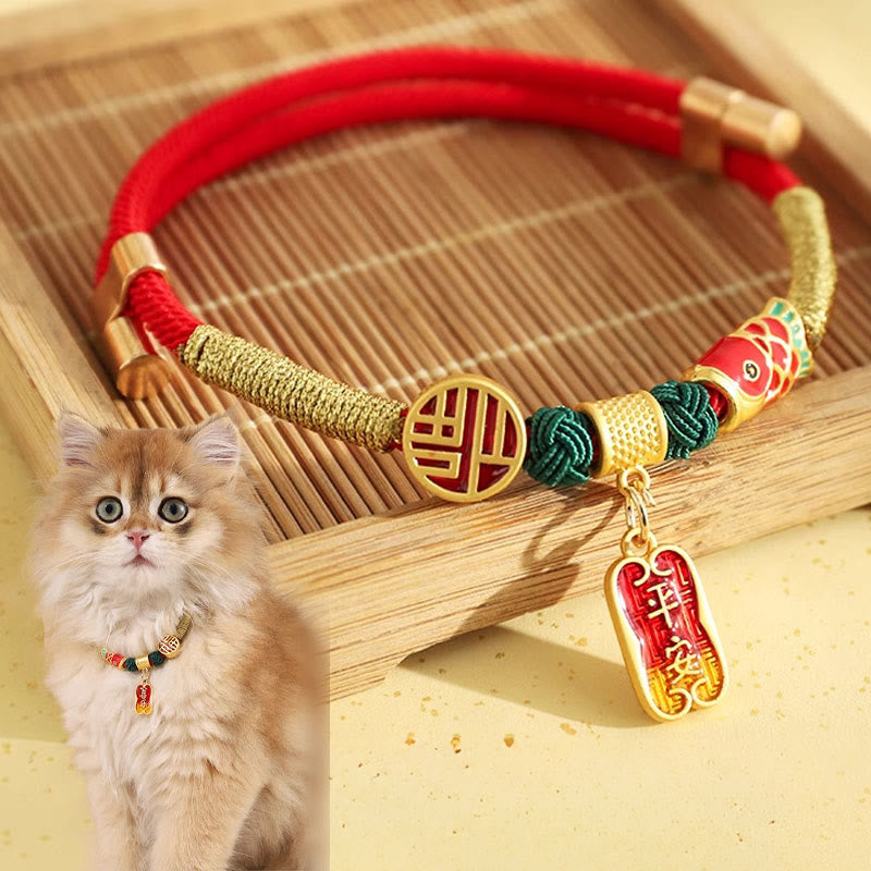 Wear FengShui Metal Pendant Red String Peace Joy Blessing Protection Adjustable Cats Small Dogs Pet Collar