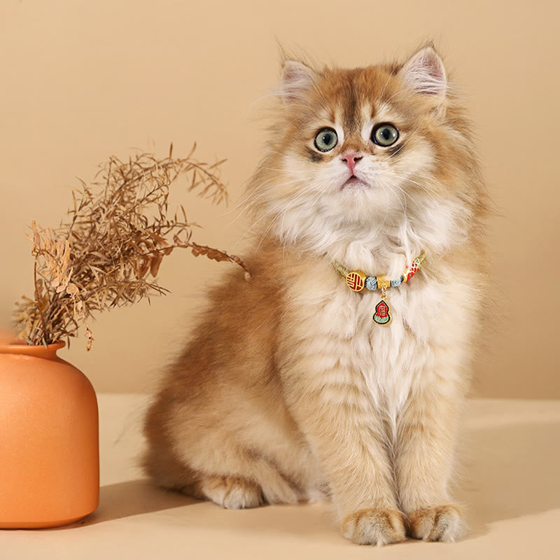 Wear FengShui Metal Pendant Red String Peace Joy Blessing Protection Adjustable Cats Small Dogs Pet Collar