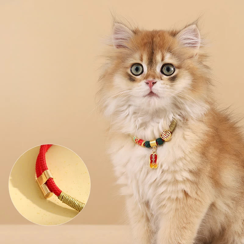 Wear FengShui Metal Pendant Red String Peace Joy Blessing Protection Adjustable Cats Small Dogs Pet Collar