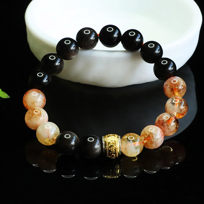 Wear FengShui Om Mani Padme Hum Silver Sheen Obsidian Citrine Protection Bracelet