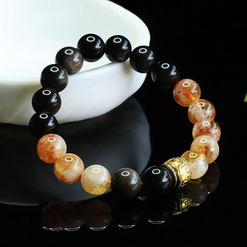 Wear FengShui Om Mani Padme Hum Silver Sheen Obsidian Citrine Protection Bracelet
